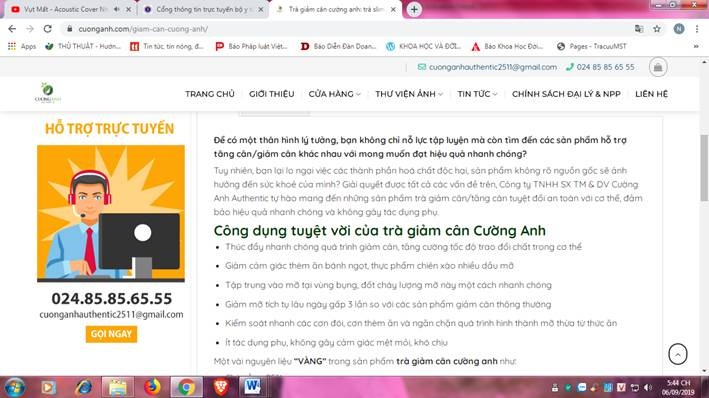 Sản phẩm Trà Slim Cường Anh được quảng cáo trên website https://www.cuonganh.vn