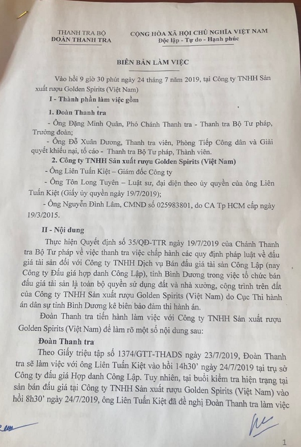 Bi&ecirc;n bản l&agrave;m việc của Đo&agrave;n Thanh tra Bộ Tư ph&aacute;p với C&ocirc;ng ty TNHH Sản xuất rượu Golden Spirits (Việt Nam)