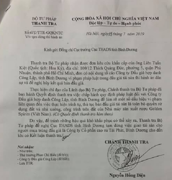 C&ocirc;ng văn số 623/TTr-GQKNTC ng&agrave;y 19/7/2019 gửi Cục trưởng Cục THADS tỉnh B&igrave;nh Dương