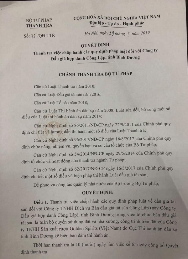 Quyết định thanh tra C&ocirc;ng ty Đấu gi&aacute; C&ocirc;ng Lập của Bộ Tư ph&aacute;p