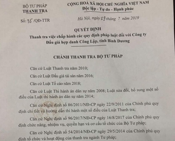 Thanh tra việc chấp hành các quy định pháp luật đối với Công ty Đấu giá Công Lập