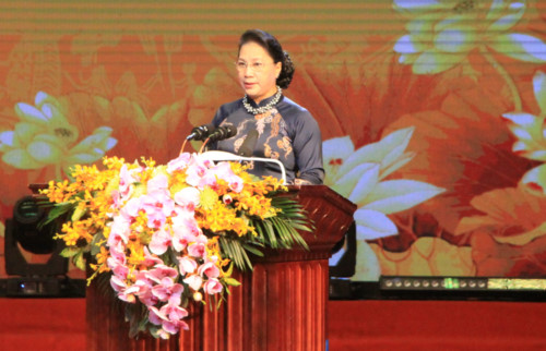 Chủ tịch Quốc hội Nguyễn Thị Kim Ngân đọc diễn văn tại Lễ kỷ niệm. Ảnh: Bình Thanh