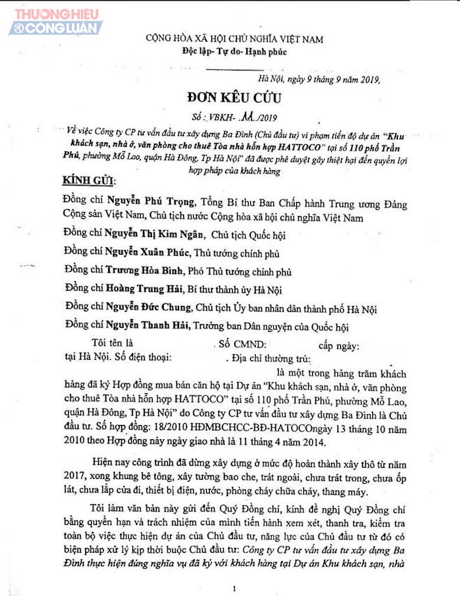 Đơn kêu cứu khách hàng Hattoco 110 Trần Phú, Hà Đông gửi cơ quan chức năng