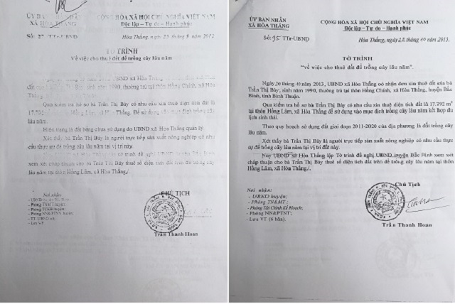 1. UBND x&atilde; H&ograve;a Thắng li&ecirc;n tiếp gửi 2 tờ tr&igrave;nh trong 2 năm 2012 v&agrave; 2013 về việc đồng &yacute; cho &ocirc;ng Ph&uacute;c v&agrave; Bảy thu&ecirc; đất