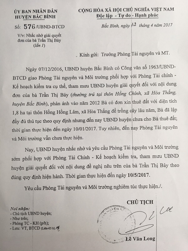 1. CV của UBND huyện Bắc B&igrave;nh nhắc nhở ph&ograve;ng TN-MT x&uacute;c tiến giải quyết cho b&agrave; Bảy thu&ecirc; đất