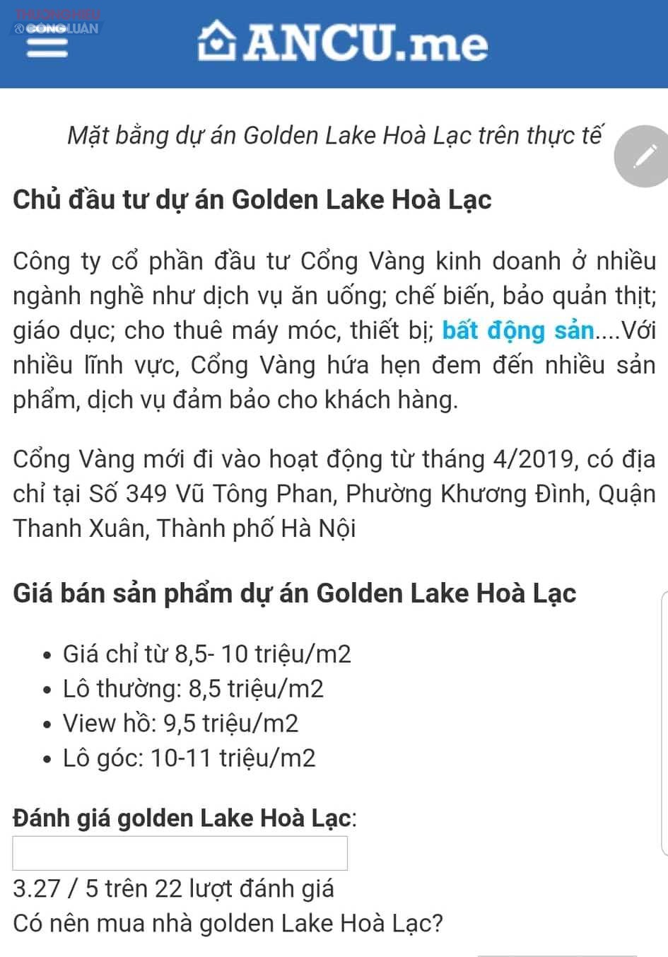 Dự án Golden Lake Hòa Lạc (Sơn Tây, Hà Nội) được giới thiệu rao bán trên nhiều trang mua - bán bất động sản (Ảnh chụp màn hình).