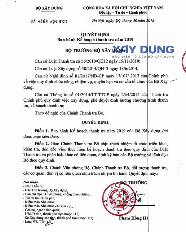 Quyết định số 1369/QĐ-BXD của Bộ trưởng Bộ Xây dựng Phạm Hồng Hà về việc phê duyệt kế hoạch công tác thanh tra, năm 2019