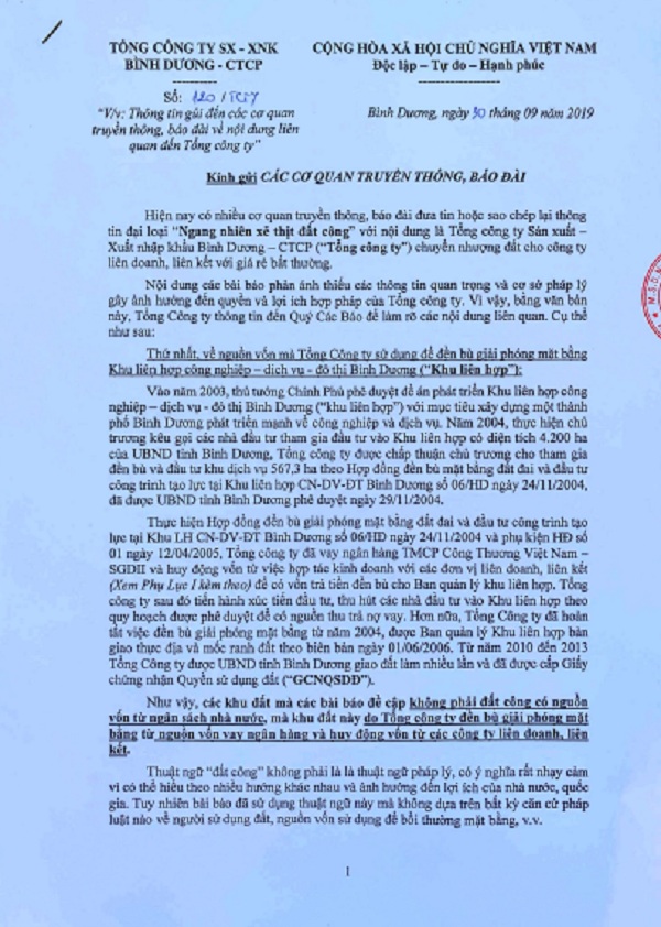 Văn bản của Tổng Công ty SX-XNK Bình Dương