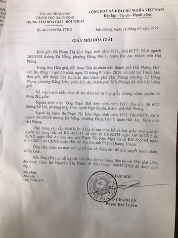 Vụ án tranh chấp di sản thừa kế đang được Toà án Hải Phòng giải quyết