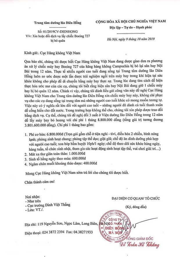 Công văn của Trung tâm dưỡng lão gửi tới Cục Hàng không Việt Nam