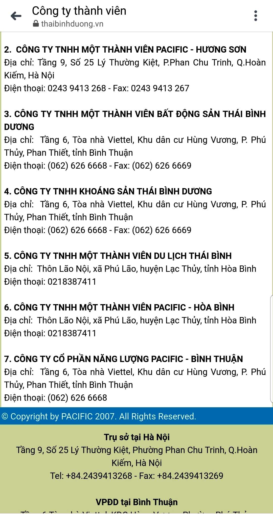 Công ty TNHH Một thành viên viên Pacific - Hòa Bình là thành viên của Công ty CP Tập đoàn Thái Bình Dương. (Ảnh: Chụp màn hình)