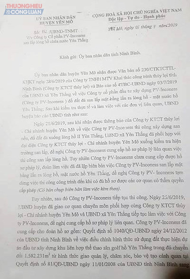 Văn bản số 752/UBND-TNMT của UBND huyện Yên Mô