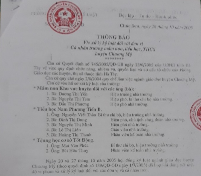 Th&ocirc;ng b&aacute;o số 319/ TB- KLGD ng&agrave;y 28/10/2005 của Ph&ograve;ng Gi&aacute;o dục v&agrave; Đ&agrave;o tạo huyện Chương Mỹ, TP. H&agrave; Nội m&agrave; b&agrave; Yến cho rằng th&ocirc;ng b&aacute;o n&agrave;y kh&ocirc;ng đ&uacute;ng sự thật