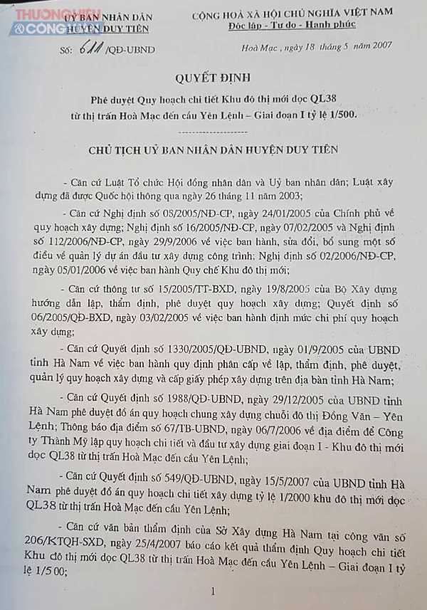 Quyết định 611/ QĐ-UBND về việc phê duyệt Quy hoạch chi tiết KĐT mới dọc Quốc lộ 38 từ thị trấn Hòa Mạc đến cầu Yên Lệnh – Giai đoạn I tỷ lệ 1/500.