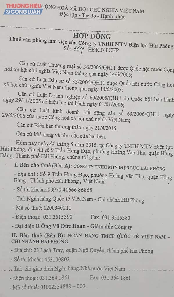 Một bản hợp đồng thuê văn phòng của PC Hải Phòng và Ngân hàng TMCP Quốc tế Việt Nam - chi nhánh Hải Phòng (VIB).