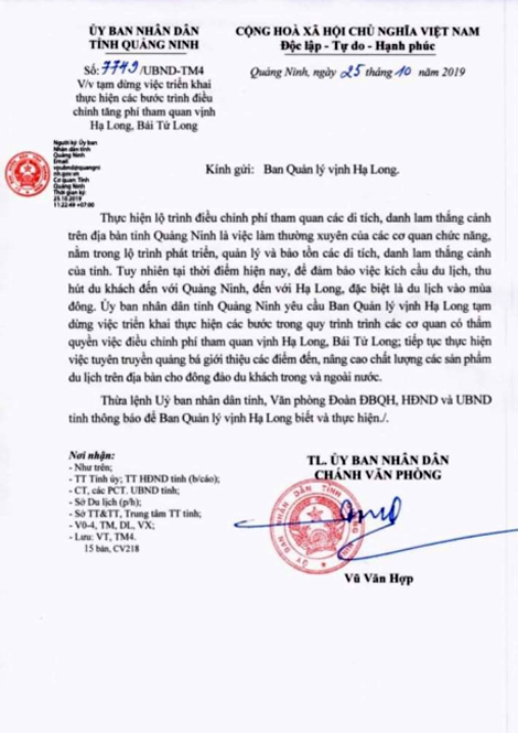 UBND tỉnh Quảng Ninh yêu cầu dừng Đề án tăng phí tham quan Vịnh Hạ Long.