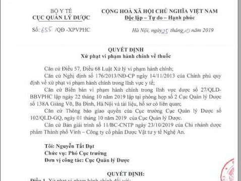 Nghệ An: Chi nhánh Dược phẩm thành phố Vinh bị Cục quản lý Dược xử phạt