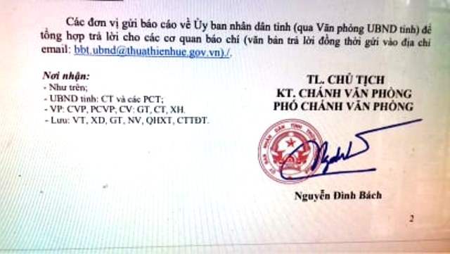 công văn do ông Nguyễn Đình Bách PVP UBND tỉnh ký