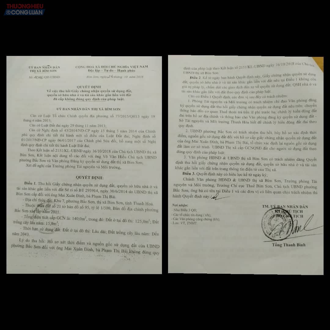 Các Quyết định thu hồi đất do UBND thị xã Bỉm Sơn ban hành với các hộ dân