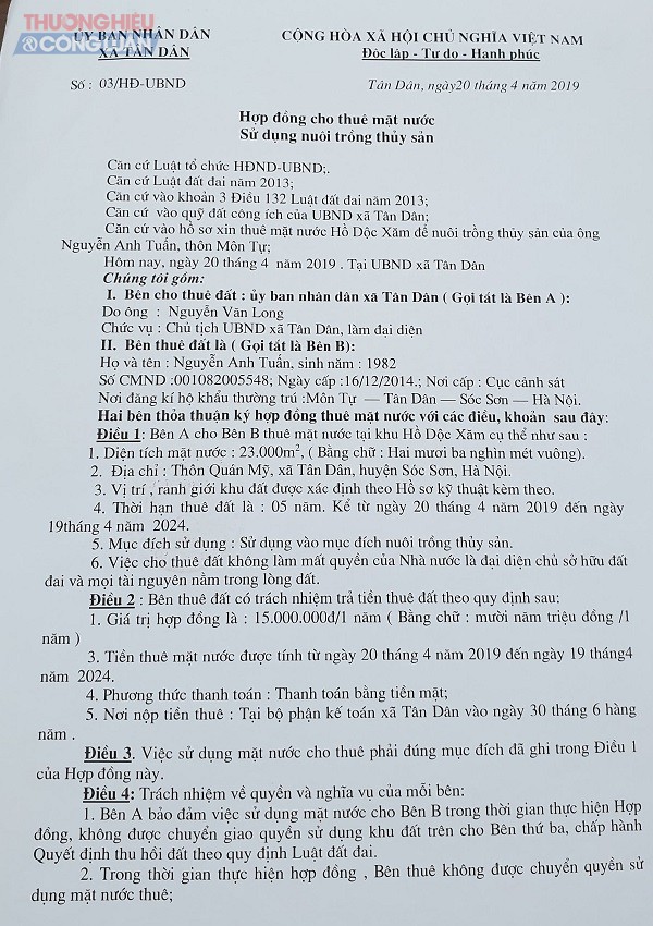 Hợp đồng cho thu&ecirc; đất số 03/HĐ-UBND giữa UBND x&atilde; T&acirc;n D&acirc;n v&agrave; &ocirc;ng Nguyễn Anh Tuấn đ&atilde; ngay lập tức được k&iacute; kết d&ugrave; hạn nộp hồ sơ (ng&agrave;y 20/4/2019 theo th&ocirc;ng b&aacute;o số 19b/TB-UBND) vẫn chưa hết hiệu lực