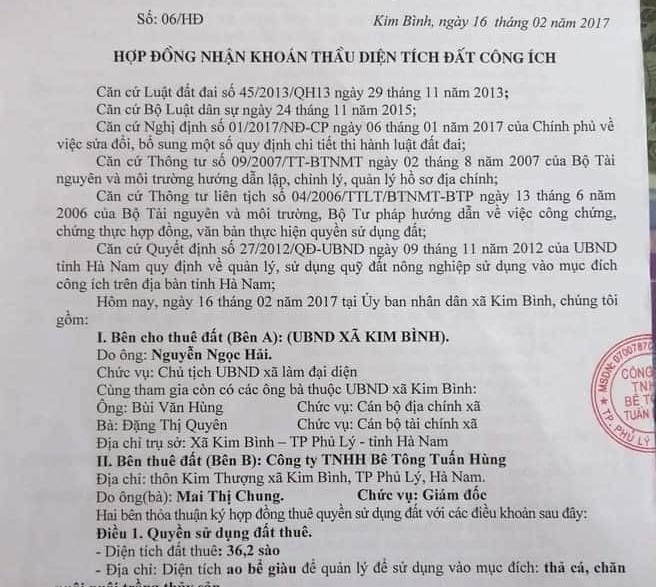 Hợp đồng giữa công ty TNHH bê tông Tuấn Hùng và UBND xã Kim Bình