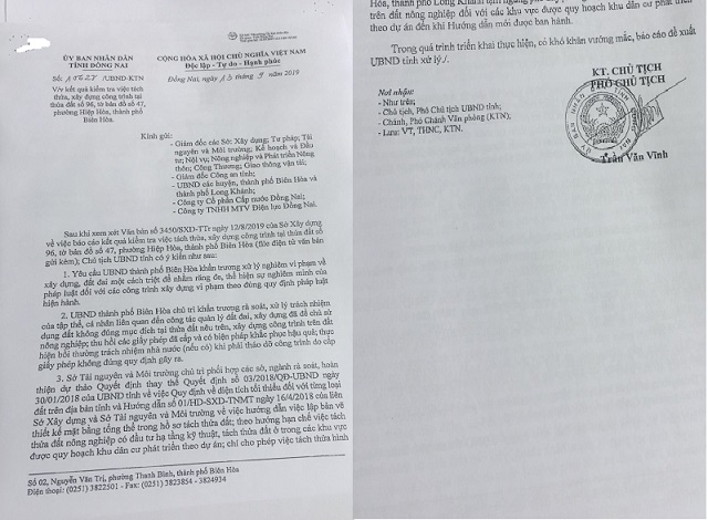 CV yêu cầu xử phạt của UBND tỉnh Đồng Nai