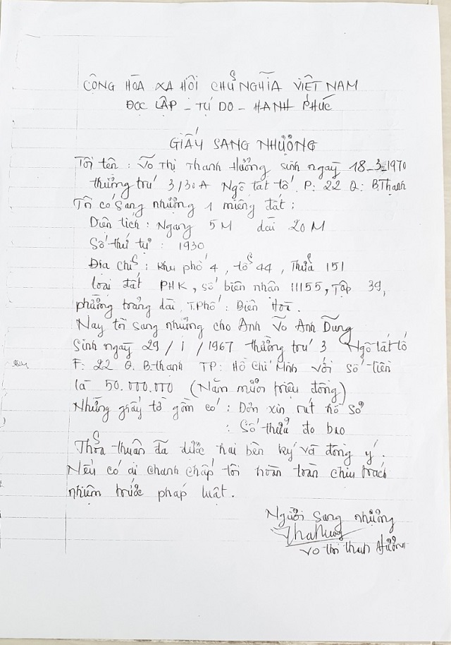 Giấy chuyển nhượng của b&agrave; Hương