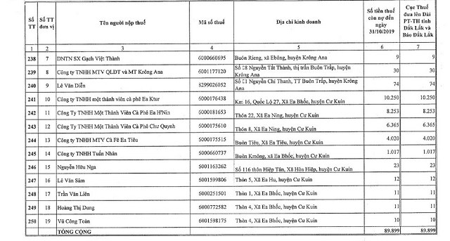 Đăk Lăk: Công khai danh sách 250 doanh nghiệp nợ thuế