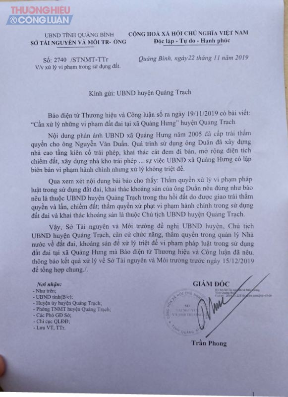 Tờ trình sở TN&MT đề nghị UBND huyện Quảng Trạch xử lý triệt để vi phạm pháp luật trong sử dụng đất đai tại xã này báo cáo kết quả xử lý về Sở TN&MT trước ngày 15/12/2019