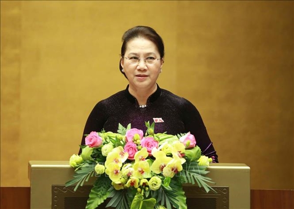 Chủ tịch Quốc hội Nguyễn Thị Kim Ngân phát biểu tại phiên bế mạc Kỳ họp thứ 8 Quốc hội khóa XIV (TTXVN)
