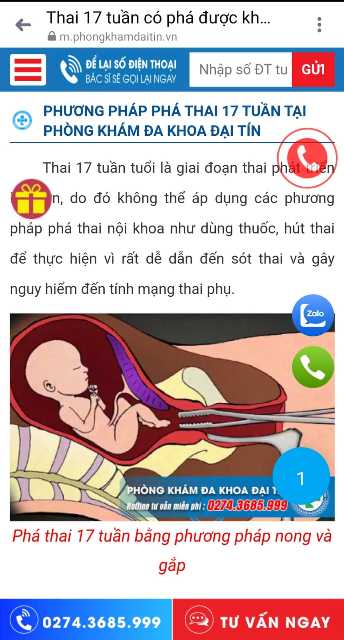 quảng cáo hình ảnh nạo phá thai 17 tuần tuổi phản cảm, rùng rợn trên web của PKĐK Đại Tín