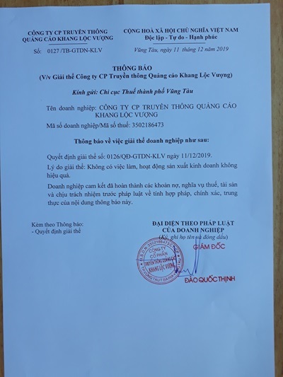 BỐ CÁO GIẢI THỂ DOANH NGHIỆP (lần 2)