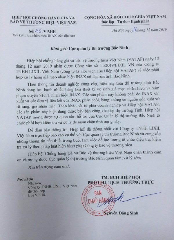Tăng cường kiểm tra hàng hóa giả mạo nhãn hiệu vệ sinh INAX