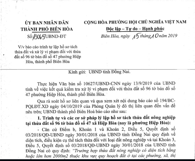 Văn bản số 13065 của UBND TP Biên Hòa báo cáo sai phạm