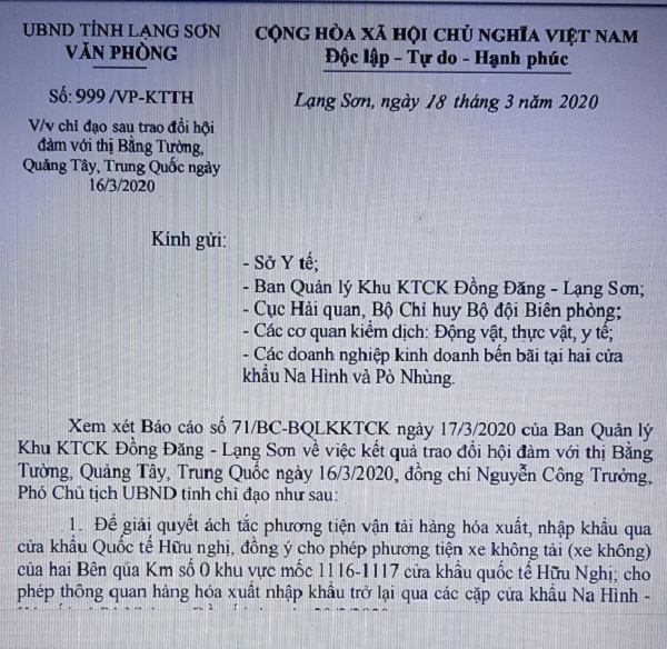 Lạng Sơn: Thông quan hàng hóa XNK cặp cửa khẩu Na Hình - Kéo Ái và Pò Nhùng - Dầu Ái từ ngày 20/3/2020
