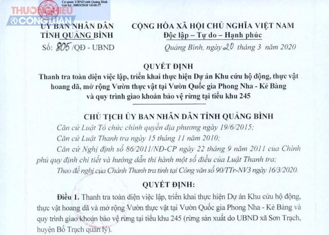 Quyết định số 805/QĐ-UBND về việc “Thanh tra toàn diện việc lập, triển khai thực hiện dự án