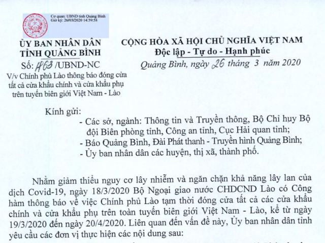 thông báo số 463/UBND-NC của UBND tỉnh ngày 26/3/2020 về việc “Chính phủ Lào thông báo đóng cửa tất cả cửa chính và cửa khẩu phụ trên tuyến đường biên giới Việt- Lào”
