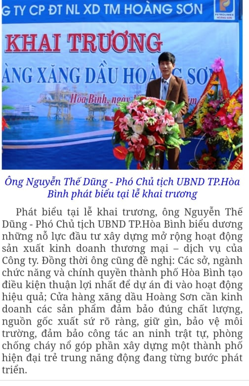 Trên website của công ty Hoàng Sơn có đầy đủ thông tin về các vị lãnh đạo của thành phố Hoà Bình đến tham dự buổi lễ khai trương.