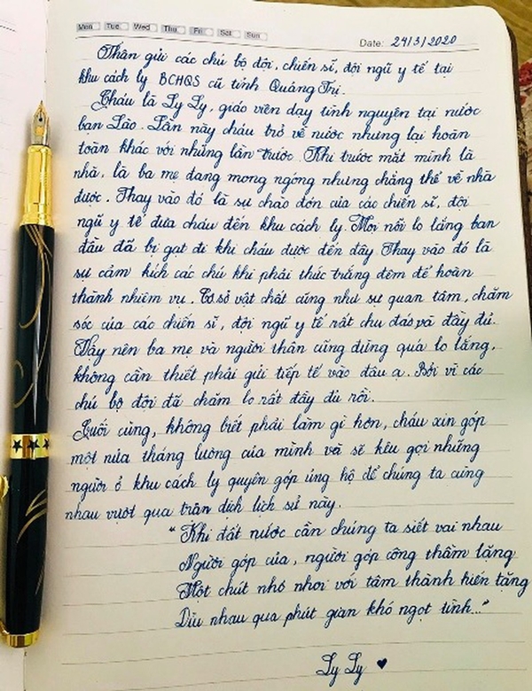 Thư viết tay của cô giáo Hoàng Thị Ly Ly (Quảng Trị) gửi đến cán bộ khu cách ly (Ảnh: Ngọc Linh, Ly Ly)