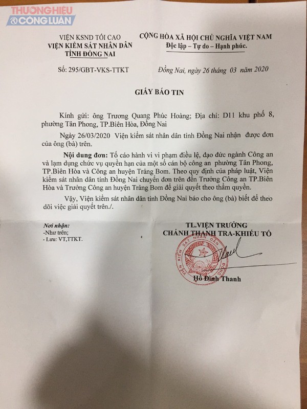 Viện kiểm sát nhân dân tỉnh chuyển đơn “Vụ 5 công an bị tố lạm quyền” đến công an TP. Biên Hòa và H.Trảng Bom