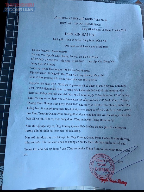 Đơn bãi nại của ông Nguyễn Thanh Phương (chủ xe Cúc Phương BS 60B-04.349) cho tài xế Nguyễn Bá Sơn và ông Trương Quang Phúc Hoàng.