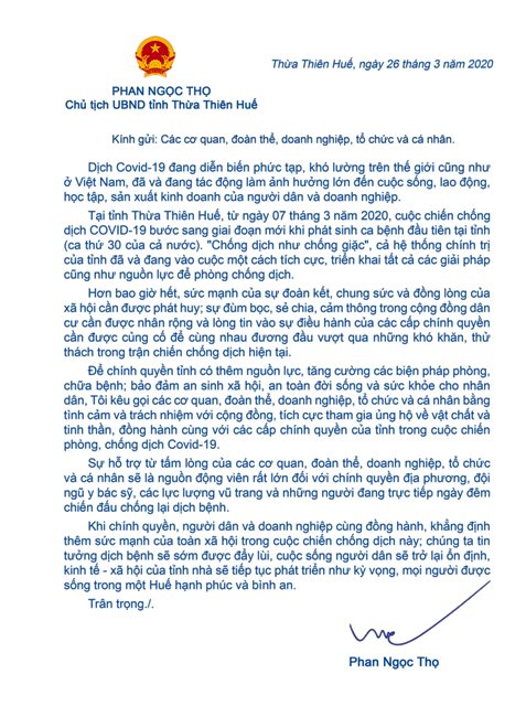Tâm thư của Chủ tịch UBND tỉnh ngày 26.3