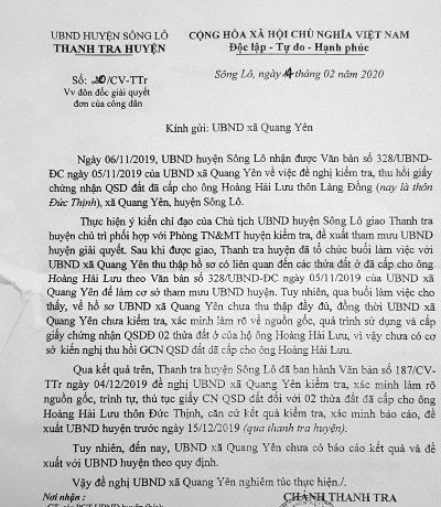 Văn bản của UBND huyện Sông Lô đôn đốc xã Quang Yên giải quyết đơn thư của công dân