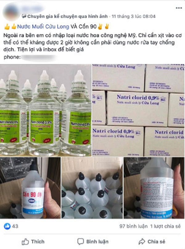 Quảng cáo nước muối, cồn, đi kèm bán “nước hoa kháng khuẩn xịt vào cơ thể có thể kháng được 2 tiếng” (Ảnh lấy từ trang mạng xã hội)