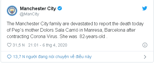 CLB Manchester City gửi chia buồn đến vị thuyền trưởng Pep Guardiola