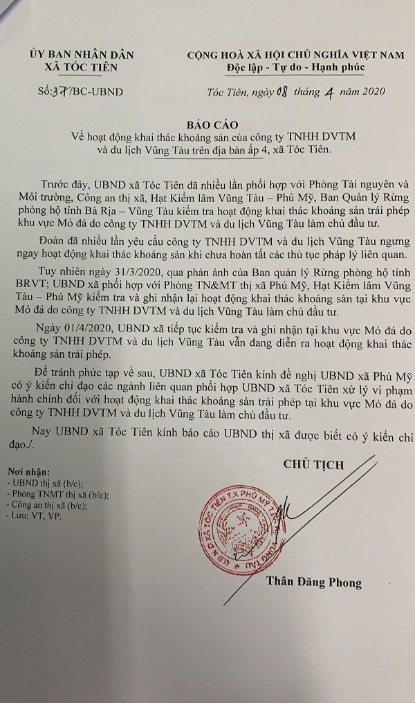 Báo cáo mới nhất của UBND xã Tóc Tiên về tình hình khai thác trái phép của công ty TM&DL Vũng Tàu tại mỏ đá.