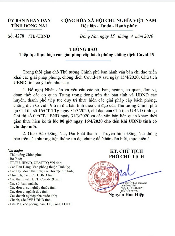 Thông báo của UBND tỉnh Đồng Nai