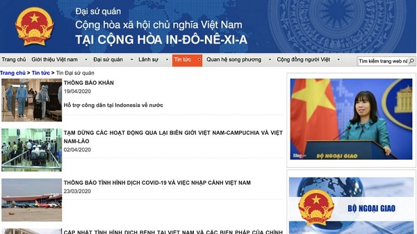 Trang web của Đại sứ quán Việt Nam tại Indonesia (Ảnh chụp màn hình)