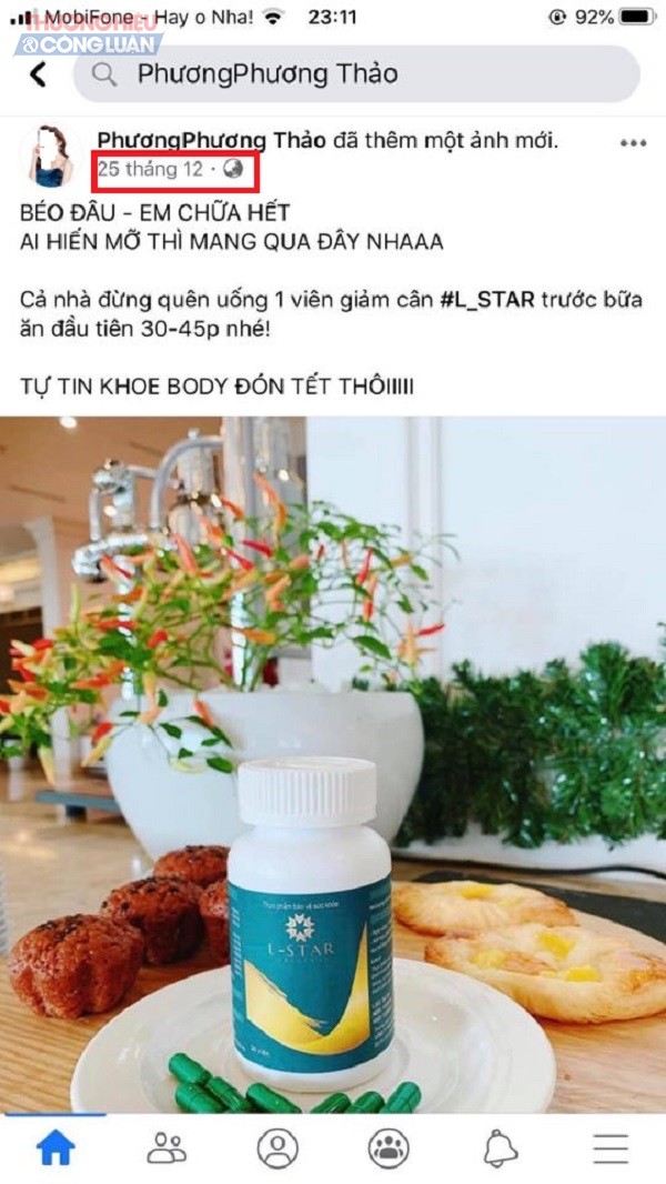 Trên tài khoản facebook có tên PhươngPhương Thảo đã quảng bá, rao bán thực phẩm bảo vệ sức khỏe L - Star đã được bán ra thị trường từ ngày 25/12/2019