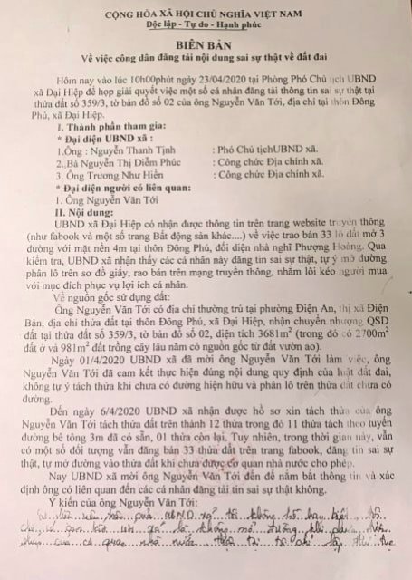 Bi&ecirc;n bản l&agrave;m việc giữa UBND x&atilde; Đại Hiệp v&agrave; &ocirc;ng Nguyễn Văn Tới, về việc đăng tải th&ocirc;ng tin sai sự thật về đất đai